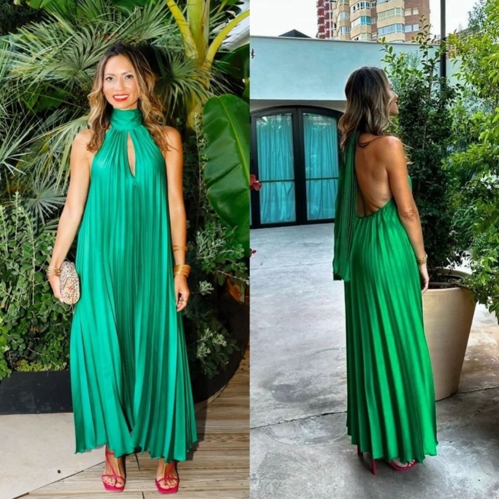 MANGO NWT BLOGGER FAVE Green Pleated Tie Neck Halter Midi Dress Sz 8 - Picture 8 of 17